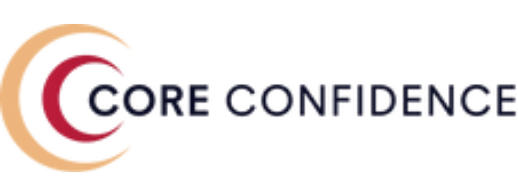 Logo with two crescent shapes, one orange and one red, followed by the words "CORE CONFIDENCE" in bold, dark blue capital letters on a white background.