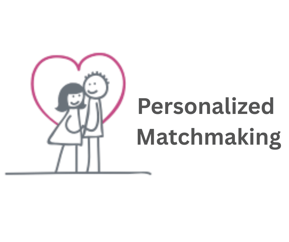 A simple drawing of a smiling couple holding hands inside a pink heart outline, next to the words "Personalized Matchmaking" in bold gray text on a white background.