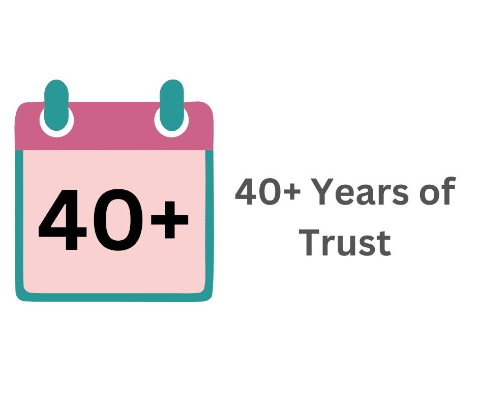 Illustration of a pink and teal calendar showing "40+" next to the text "40+ Years of Trust" on a light background.
