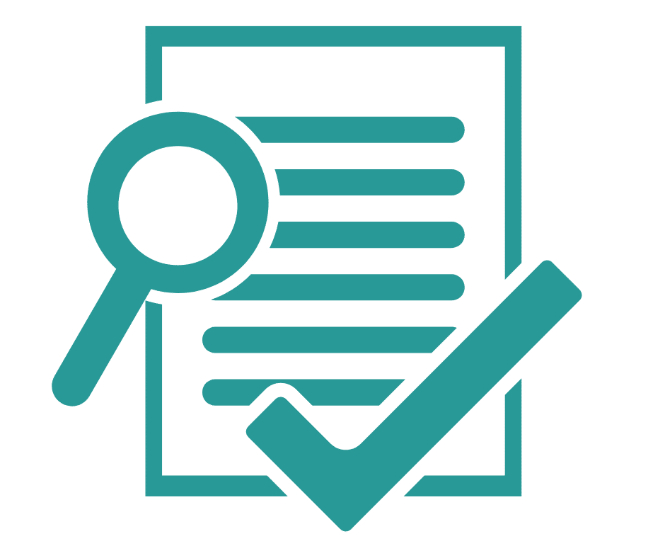 Teal icon of a document with horizontal lines, a magnifying glass over the left side, and a large checkmark overlapping the bottom right corner.