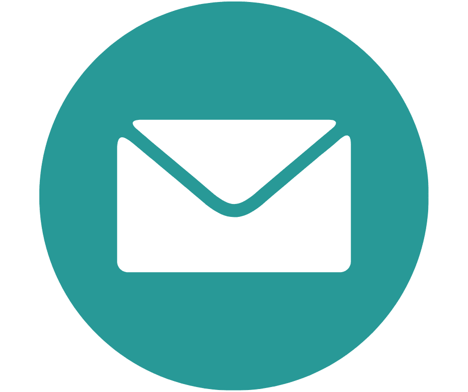 A white envelope icon centered on a teal circular background, symbolizing email or messaging.