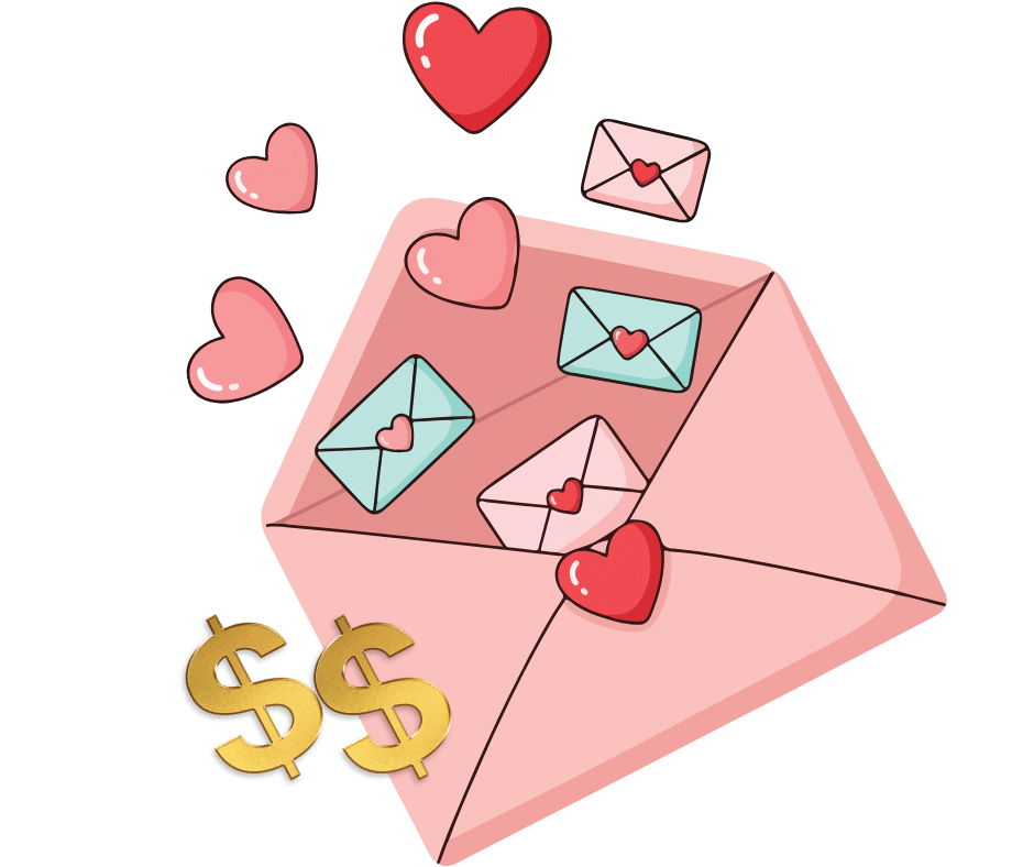 An open pink envelope with small love letters and hearts emerging from it, along with two gold dollar signs nearby, symbolizing love and financial themes.