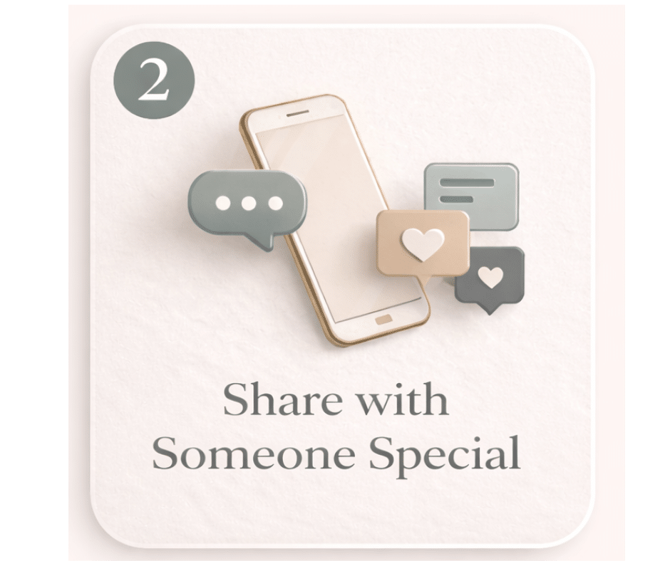A smartphone surrounded by illustrated speech and heart icons. A circle with the number 2 is in the top left corner. Text below reads, “Share with Someone Special.”.
