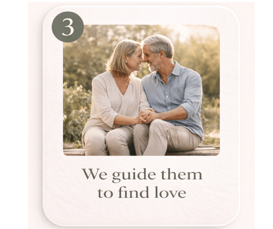 An older couple sits close together on a bench, smiling and touching foreheads. The text below reads: "We guide them to find love," with a large number 3 in the top left corner.