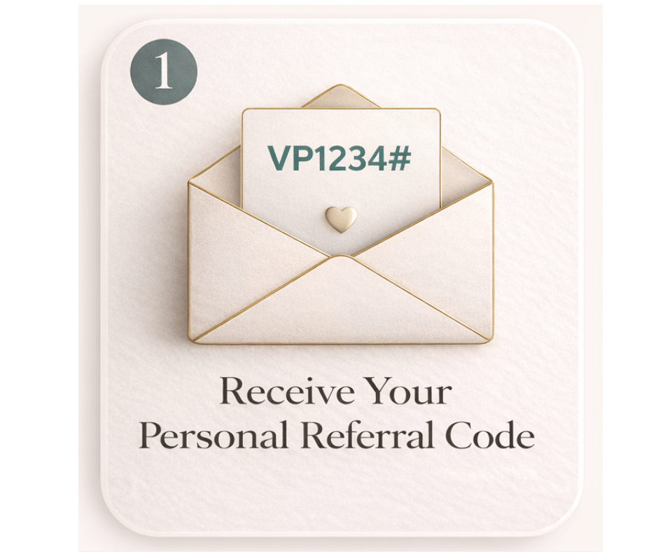 An illustration of an open envelope with a card inside displaying the code "VP1234#". Below the envelope, text reads "Receive Your Personal Referral Code".