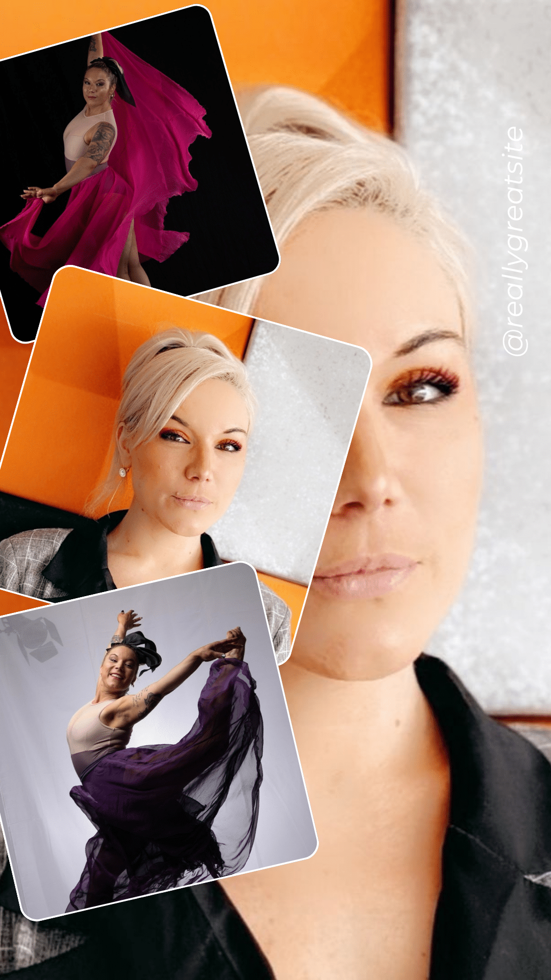 A collage featuring a woman with platinum blonde hair. One main portrait shows her in front of an orange and gray background, while other images display her dancing with flowing pink and purple fabric. Text: @deadlygerous.tie.