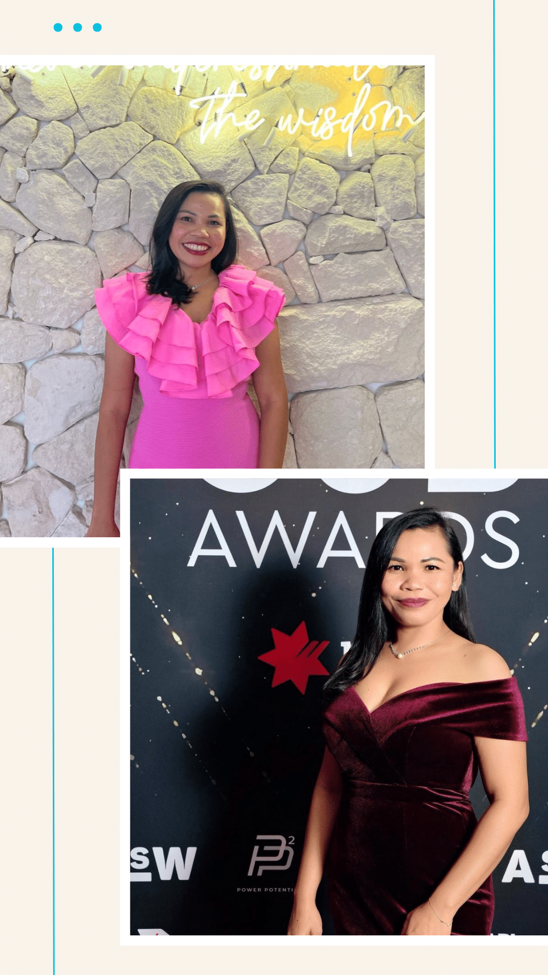 Two women in different outfits: the first wears a pink ruffled dress and stands in front of a stone wall; the second wears a burgundy off-shoulder gown and stands in front of a backdrop with award event logos.