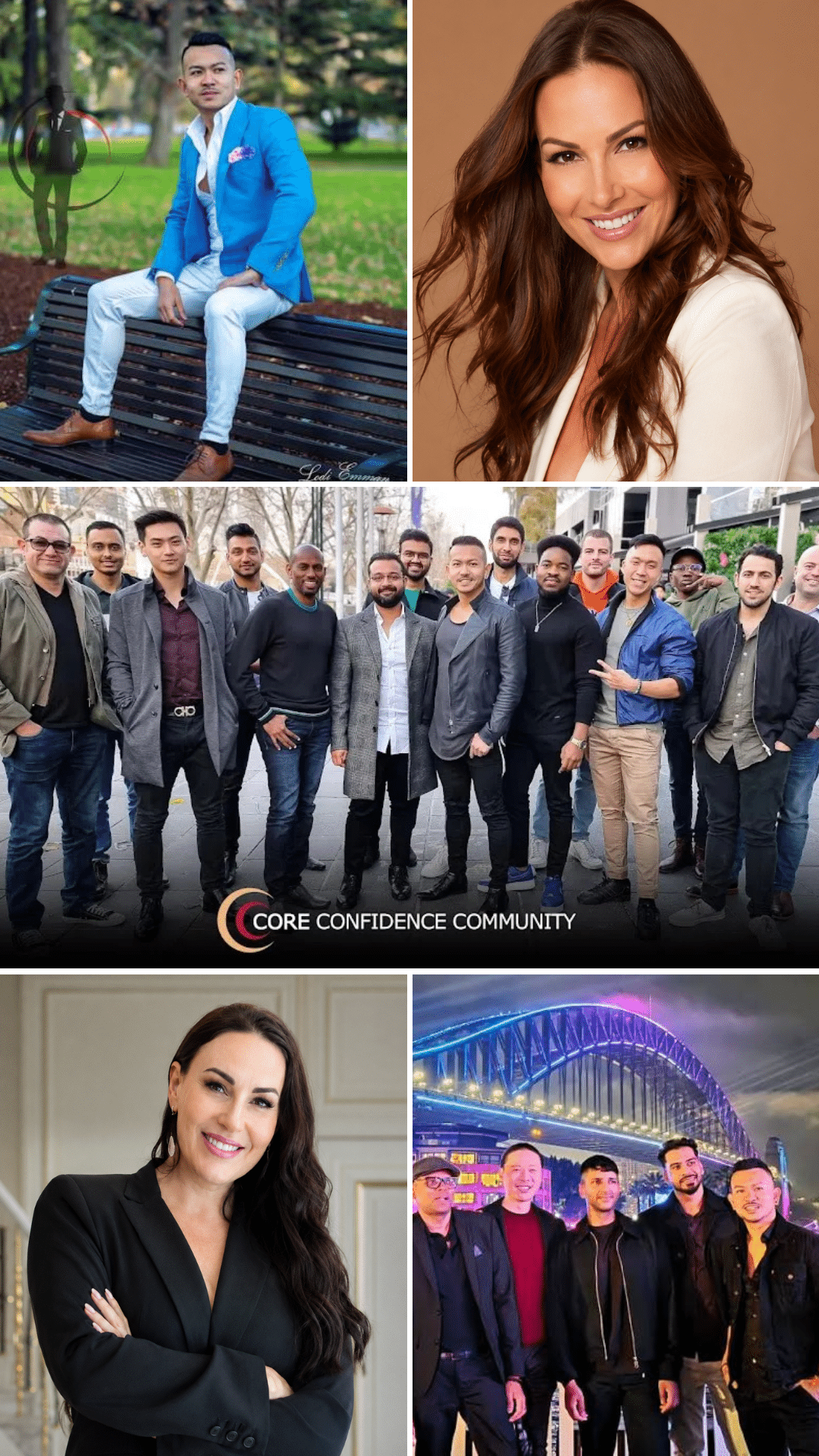 Collage featuring individuals posing outdoors and indoors, a group of men, two women portrait shots, and a group beneath a lit bridge at night. Core Confidence Community logo is centered.