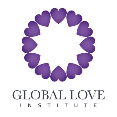 Logo for the Global Love Institute, featuring a circular ring of purple hearts above the organization’s name in grey text.